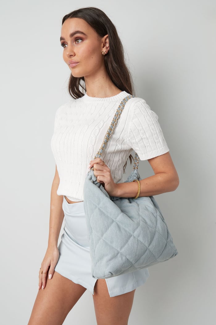Denim bag with stitched motif and chain h5Picture7